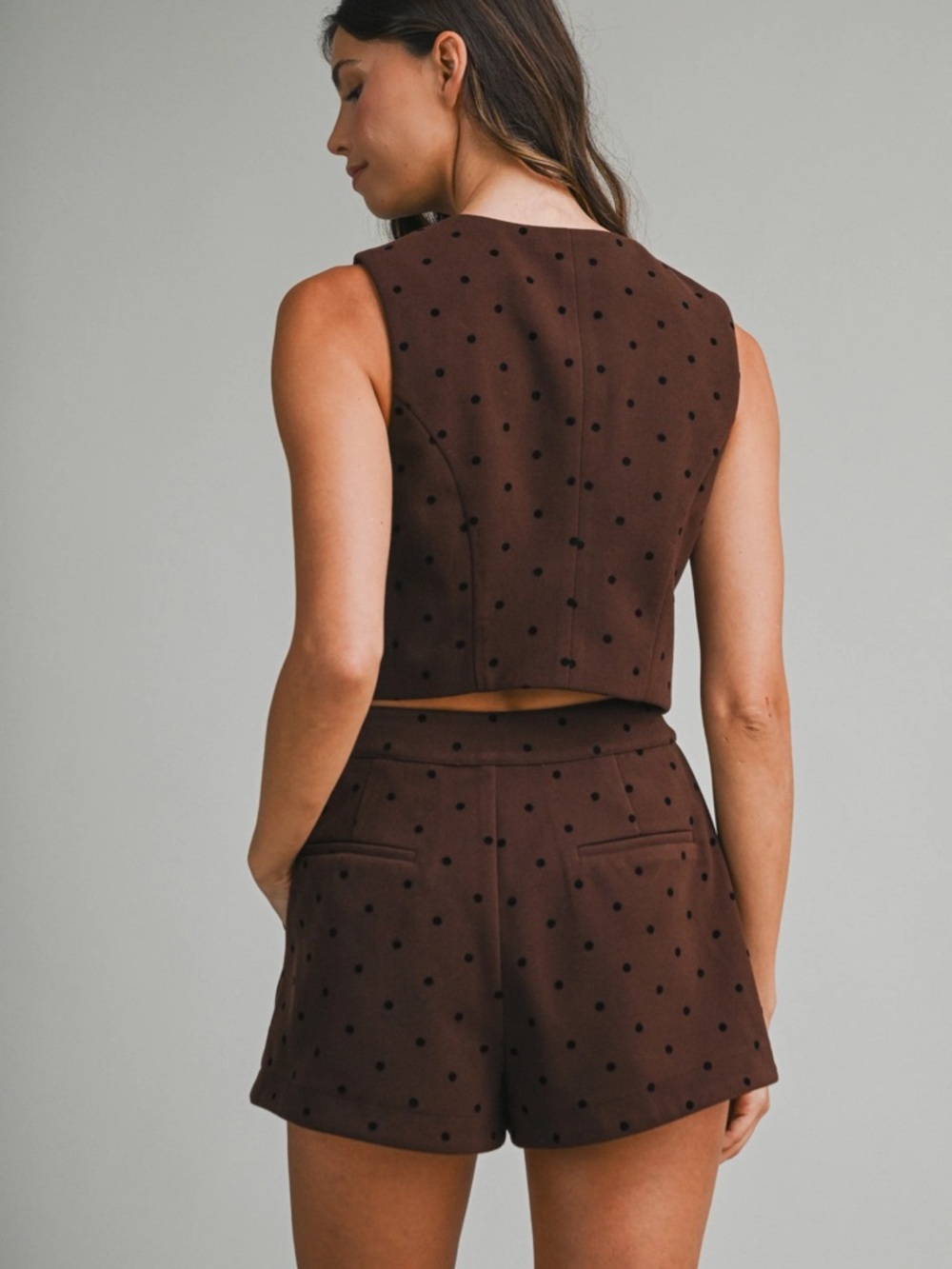 Polka Dot Brown Crop Top & High Waist Shorts Set - Picture 2 of 3